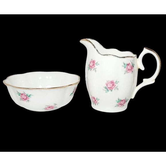 Vintage Jason Creamer and Open Sugar Bowl Pink Bud Roses Gold Trim England - Picture 1 of 8